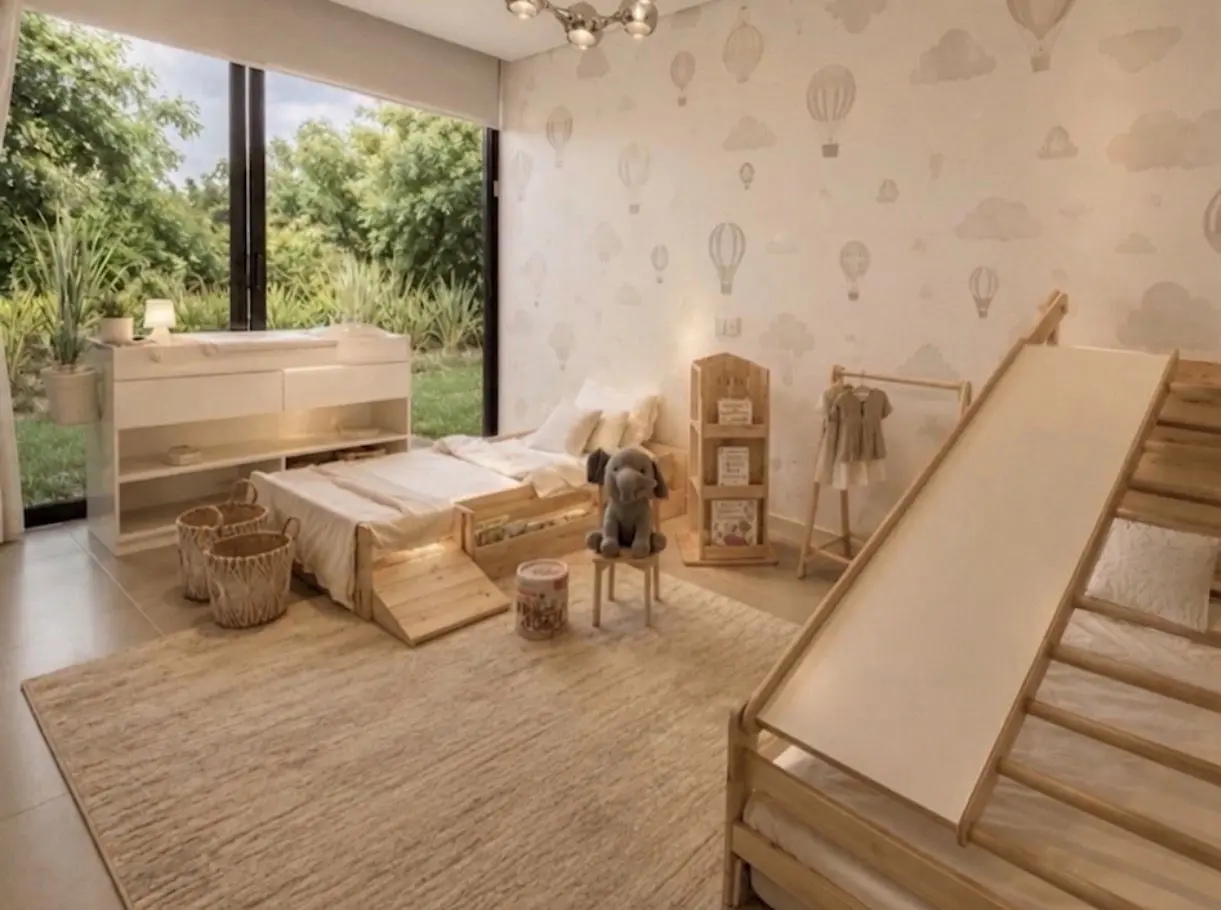 Cuarto infantil con cama baja estilo Montessori y tobogán de madera